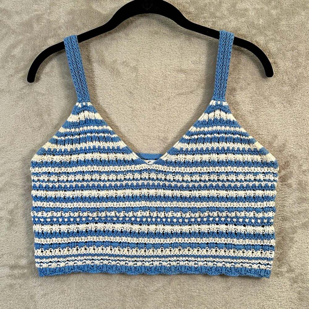 Hollister California Blue & White Striped Crochet Crop Tank Top Size M